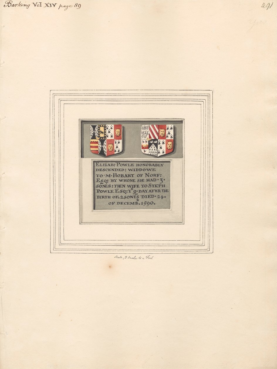 Memorial to Elizabeth Powle, from Barking Church by Daniel Lysons