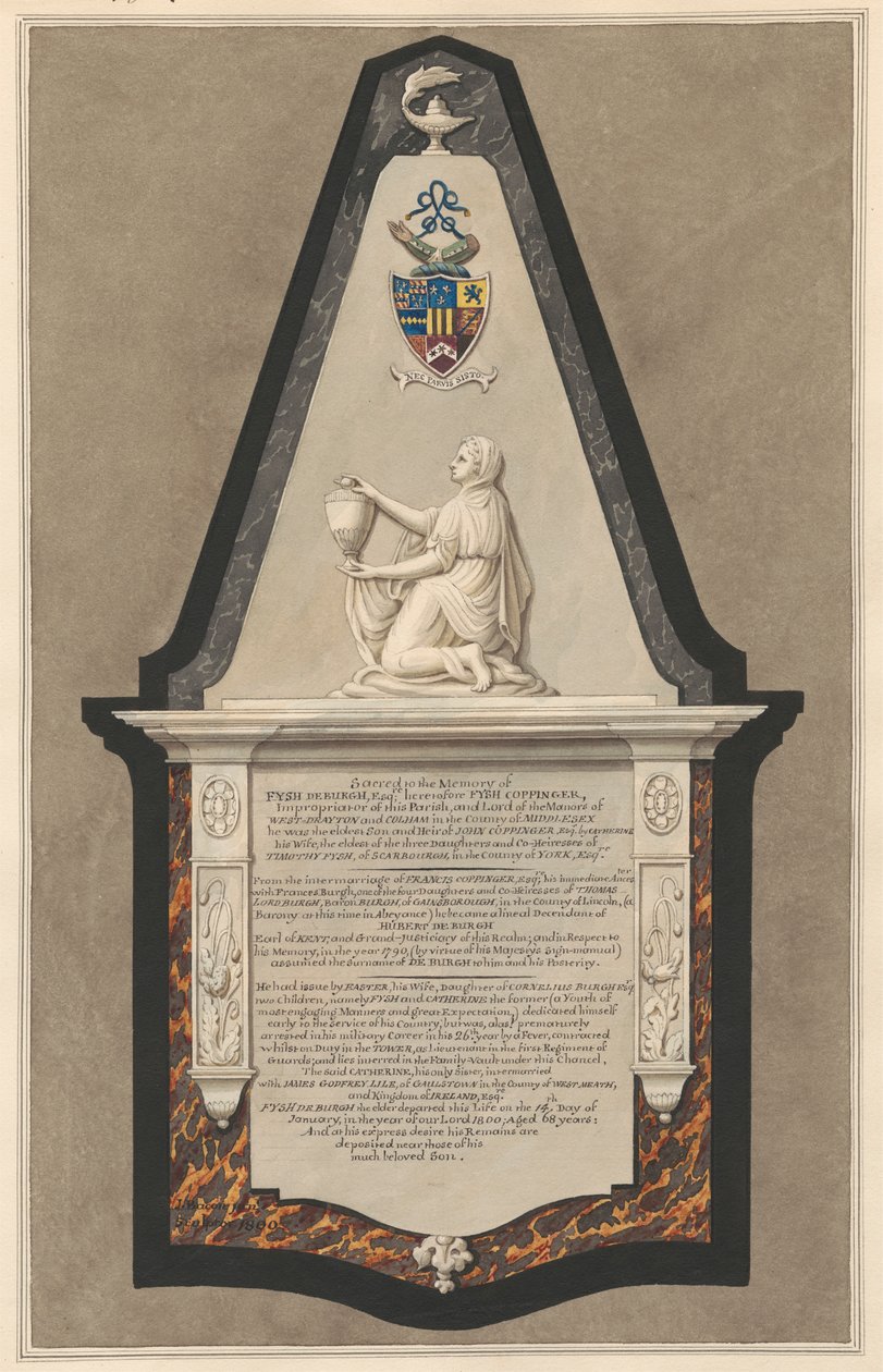 Memorial to Fysh Deburgh from Drayton Church by Daniel Lysons