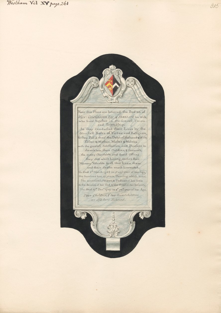 Memorial to Henry and Penelope Colchester, and Four Children and Two Grandchildren, from West Ham Church by Daniel Lysons