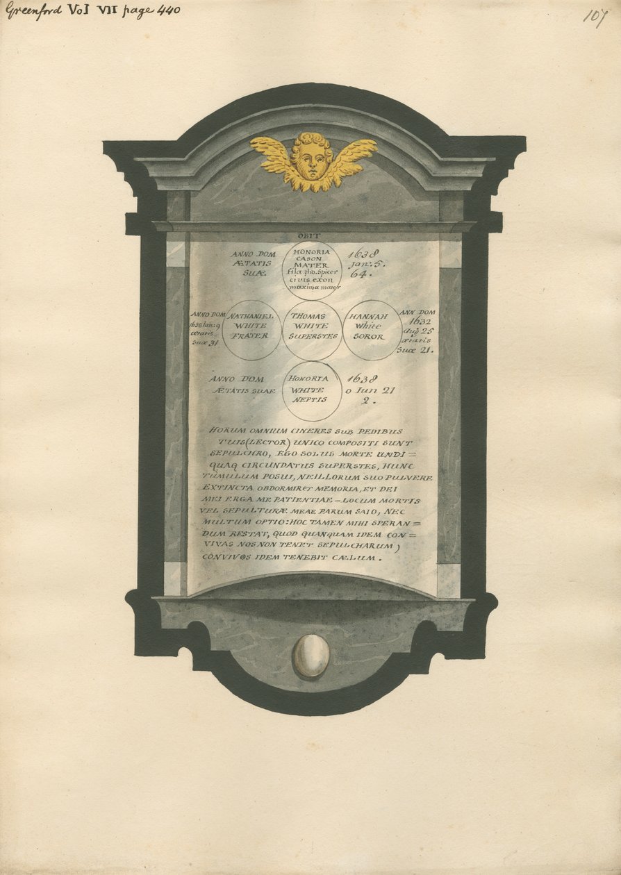Memorial to Honoria Cason, Nathaniel, Thomas, Hannah and Honoria White from Greenford Church by Daniel Lysons