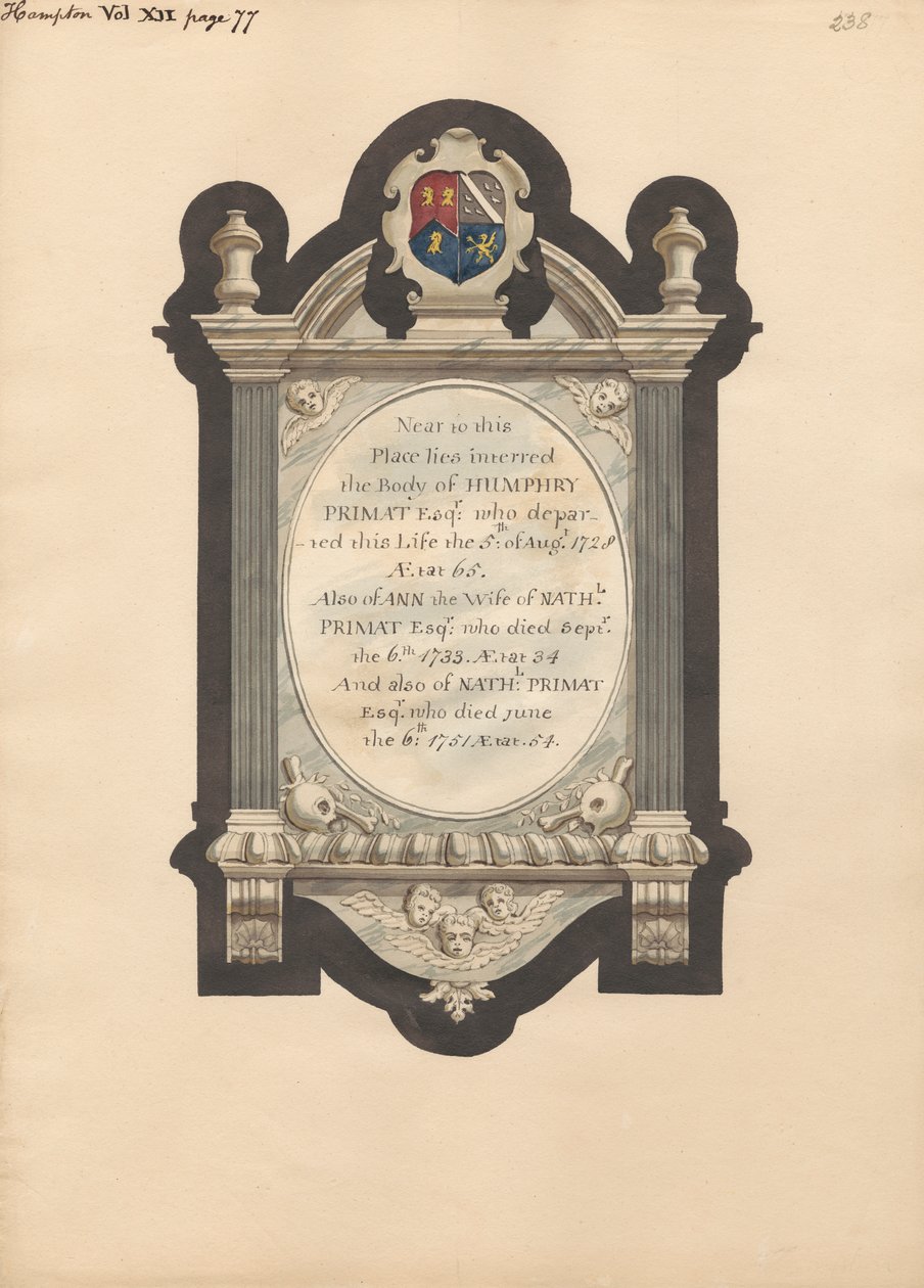 Memorial to Humphry Primat, Nathaniel and Ann Primat from Hampton Church by Daniel Lysons