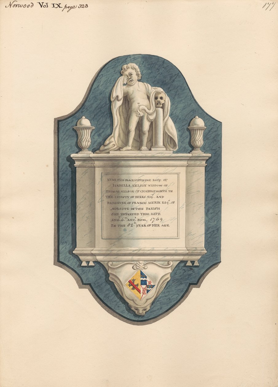 Memorial to Isabella Nelson from Norwood Church by Daniel Lysons