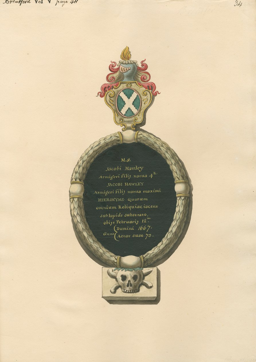 Memorial to Jacob Hawley from Brentforth Church by Daniel Lysons