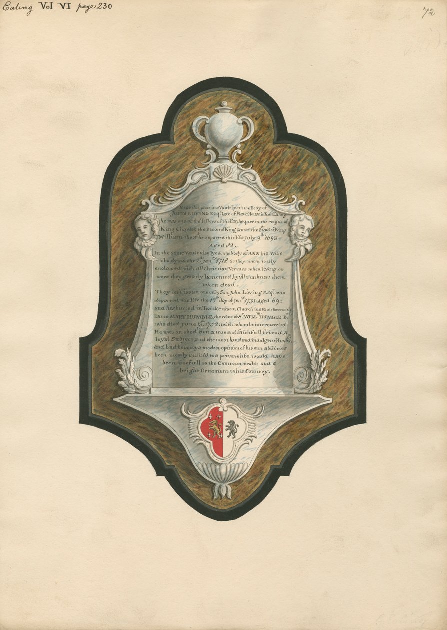 Memorial to John Loving and his Wife Ann from Ealing Church by Daniel Lysons