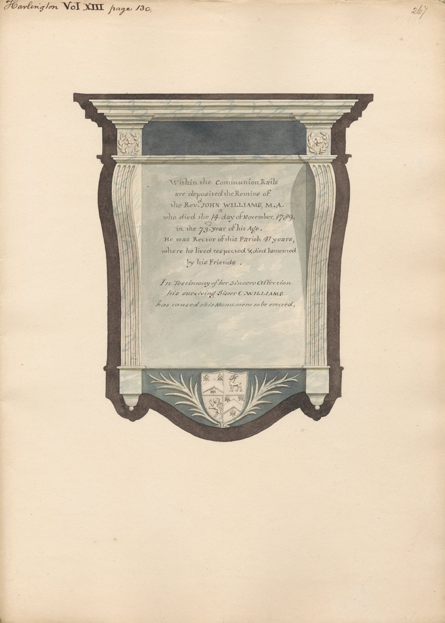 Memorial to John William from Harlington Church by Daniel Lysons