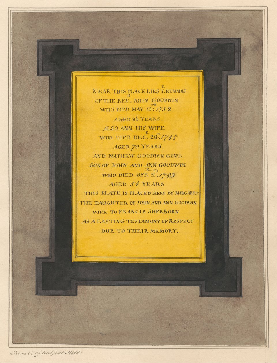 Memorial to John and Ann Goodwin and Mathew their son from Bedfont Church by Daniel Lysons