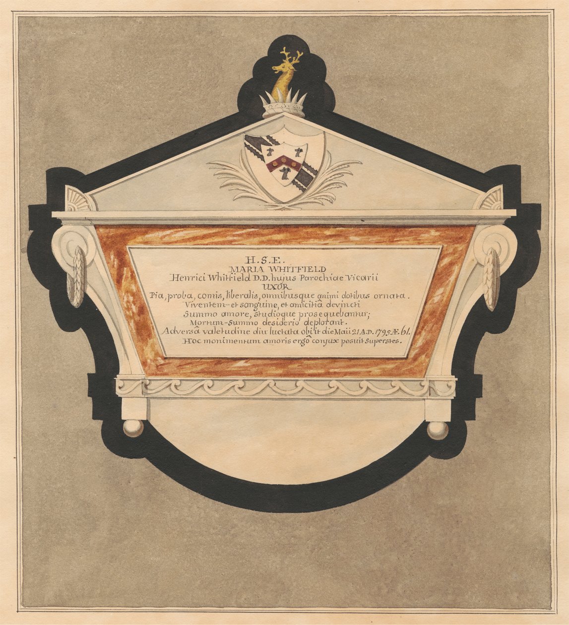Memorial to Maria Whitfield from Bedfont Church by Daniel Lysons