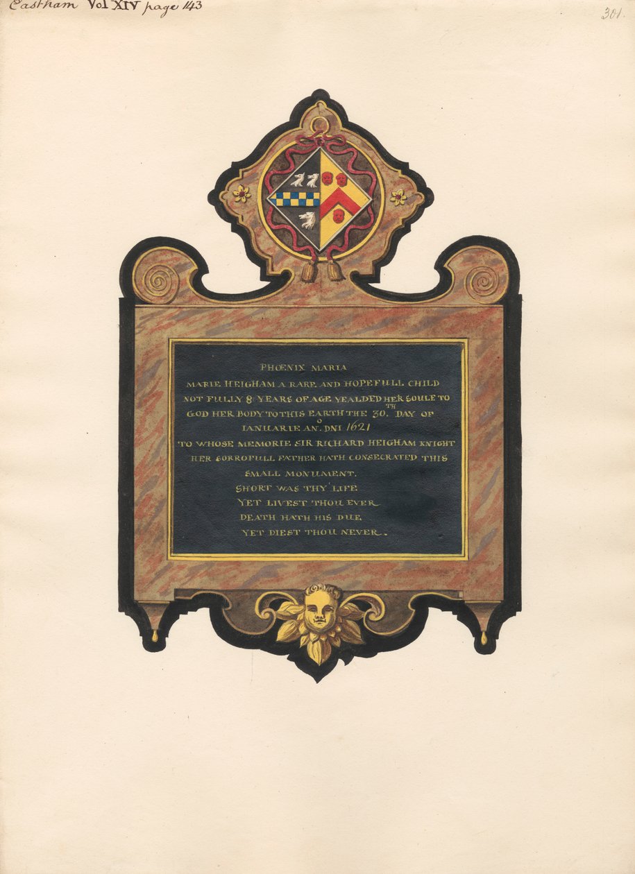 Memorial to Mary Heigham from East Ham Church by Daniel Lysons