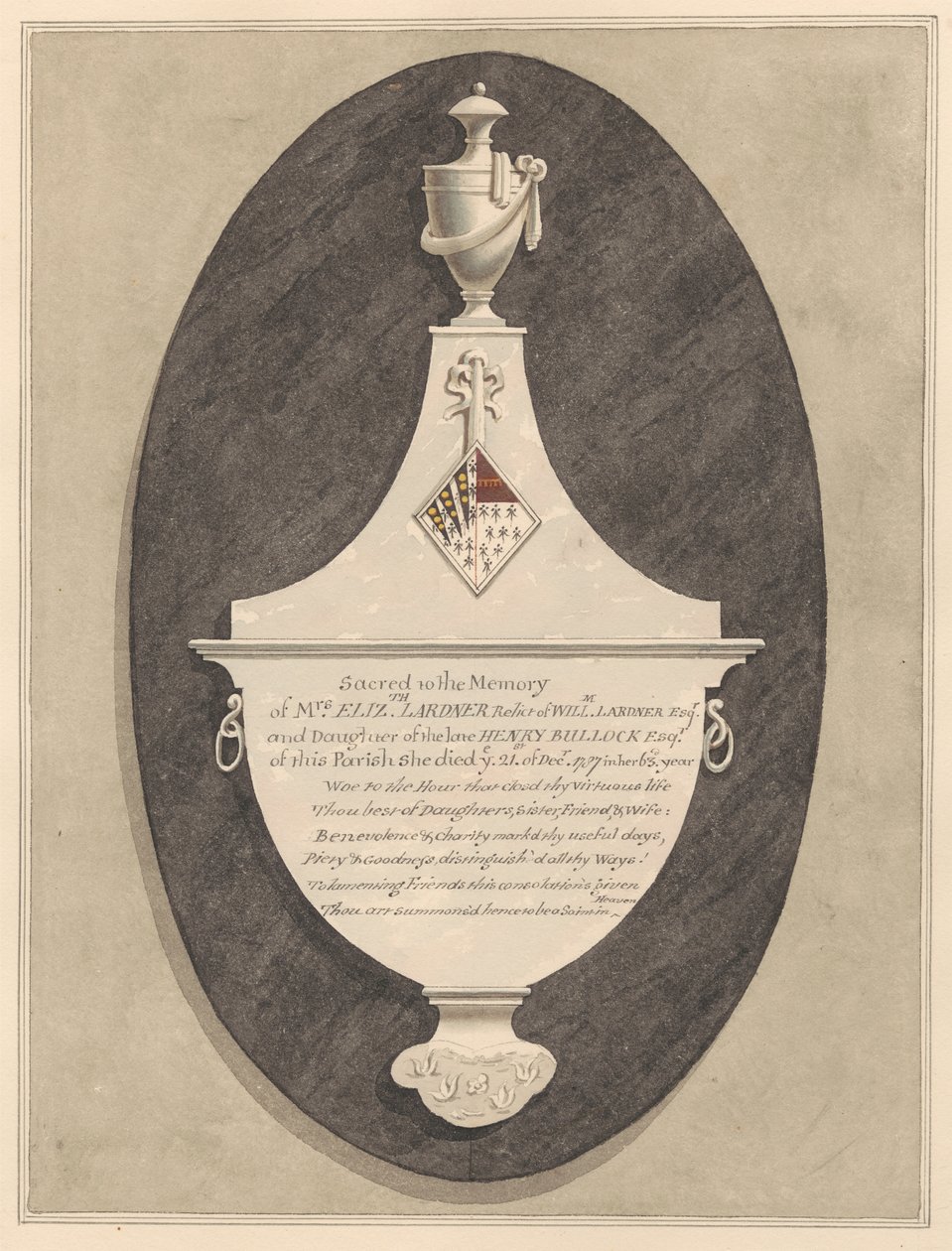 Memorial to Mrs. Elizabeth Lardner, from Stanwell Church by Daniel Lysons
