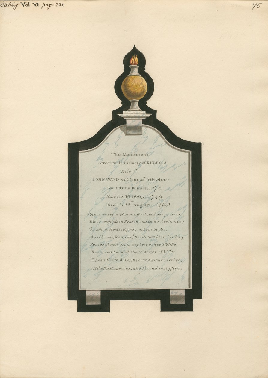 Memorial to Rebecca Wife of John Ward from Ealing Church by Daniel Lysons