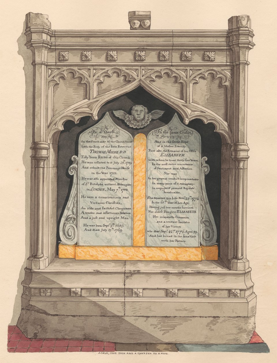 Memorial to Thomas and Elizabeth Moore and their daughter Elizabeth, from Chiselhurst Church by Daniel Lysons