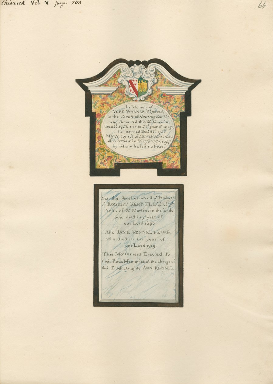 Memorial to Vere Warner also Robert and Jane Kennel from Chiswick Church by Daniel Lysons