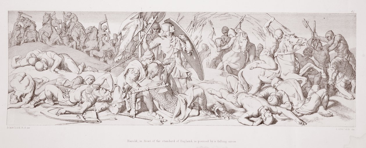 Harold, in front of the Standard of England, is pierced by a falling arrow, from 