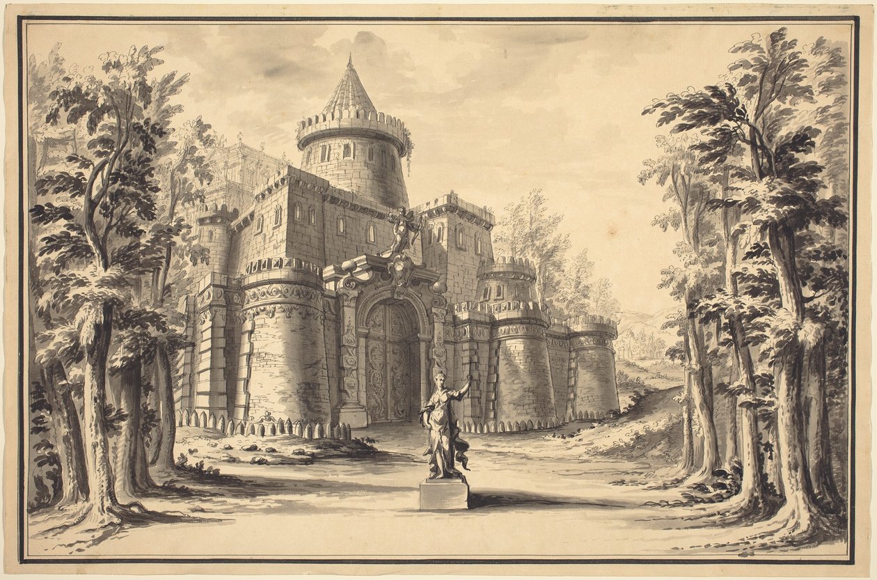 A Stage Set with a Statue and a Palace by Daniel Marot the Younger