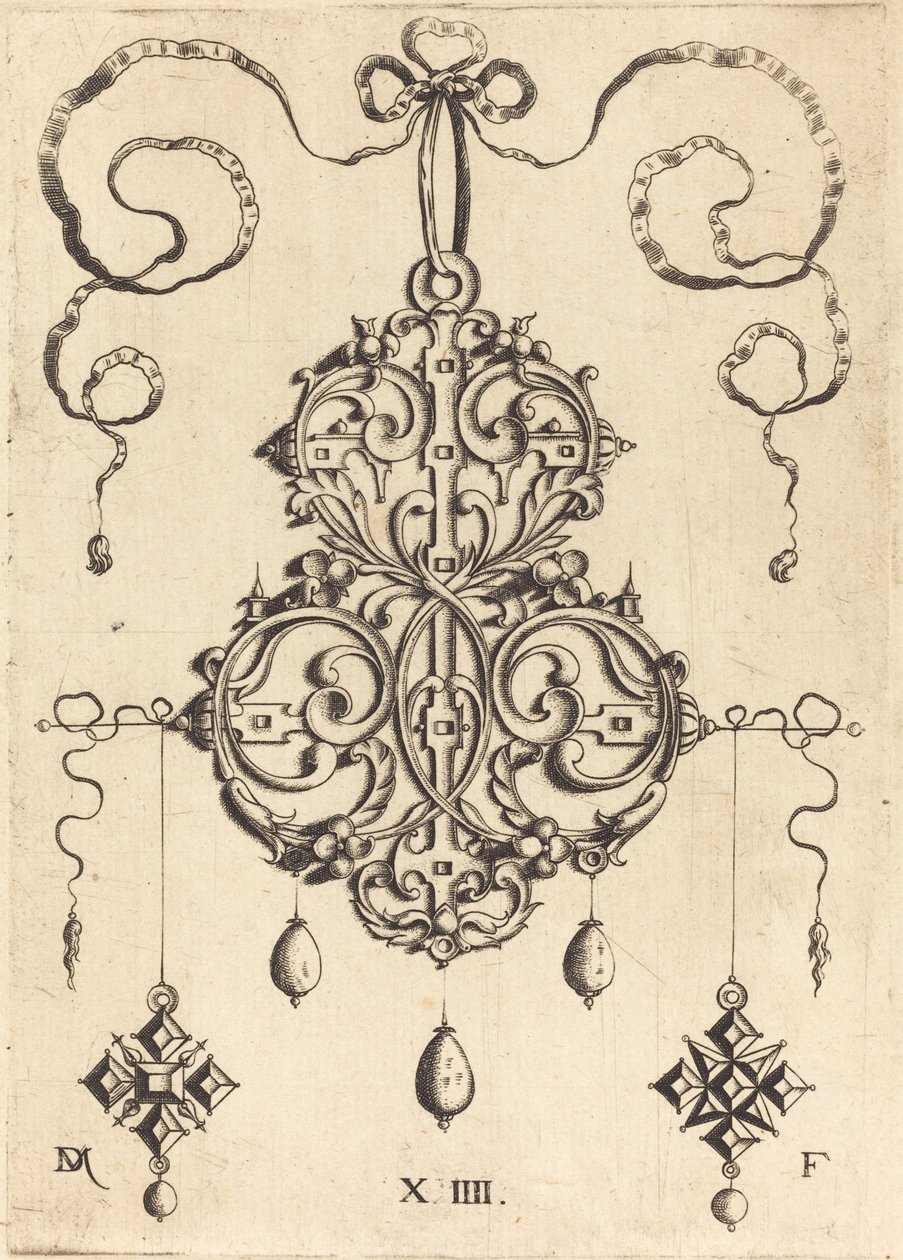 Strapwork Pendant with Three Drops and Two Cross-Shaped Pendants as Earrings at Left and Right by Daniel Mignot