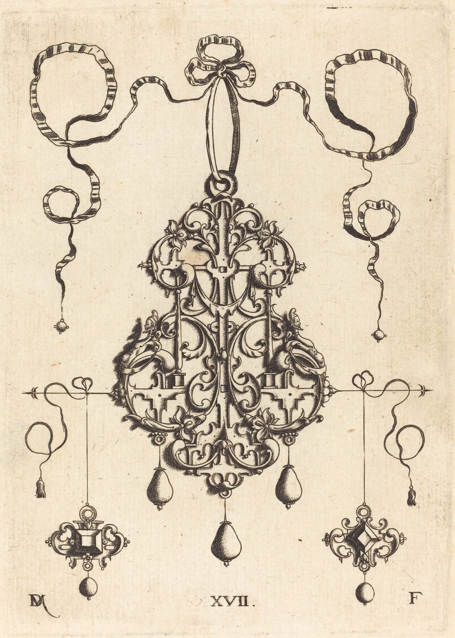 Strapwork Pendant with Two Square Tablestones as Earrings at Left and Right by Daniel Mignot