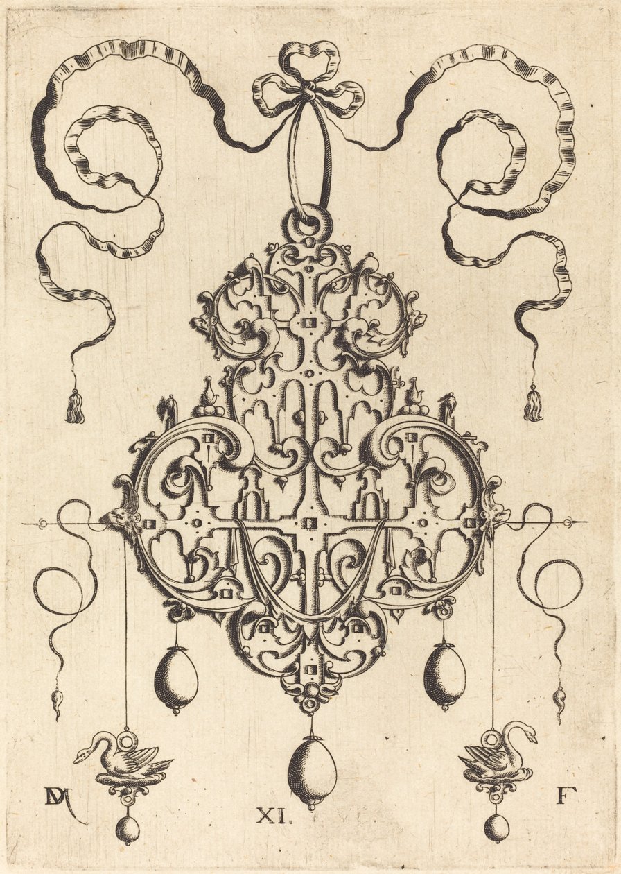 Strapwork Pendant with Two Swans as Earrings at Left and Right by Daniel Mignot