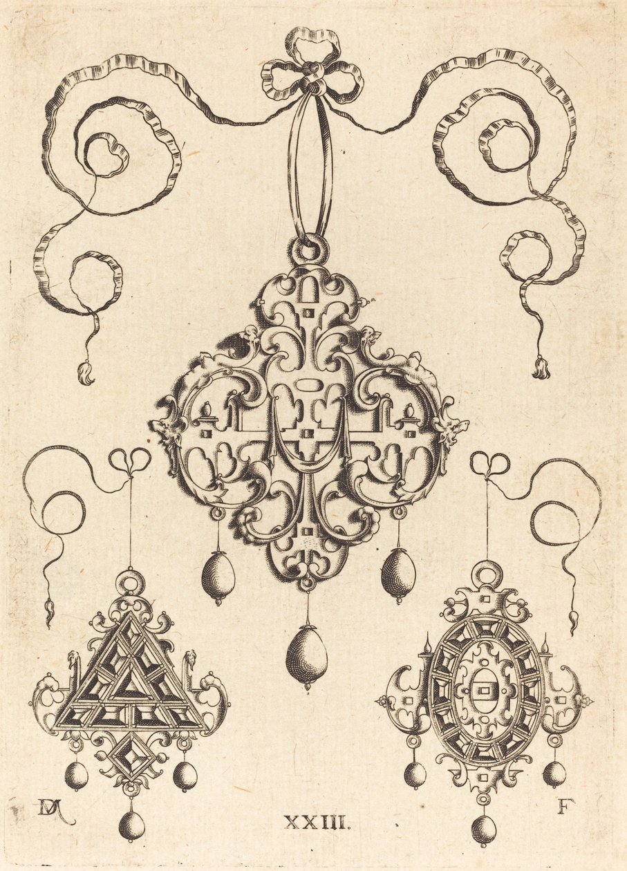 Three Strapwork Pendants, The Lower Ones Triangular and Oval by Daniel Mignot