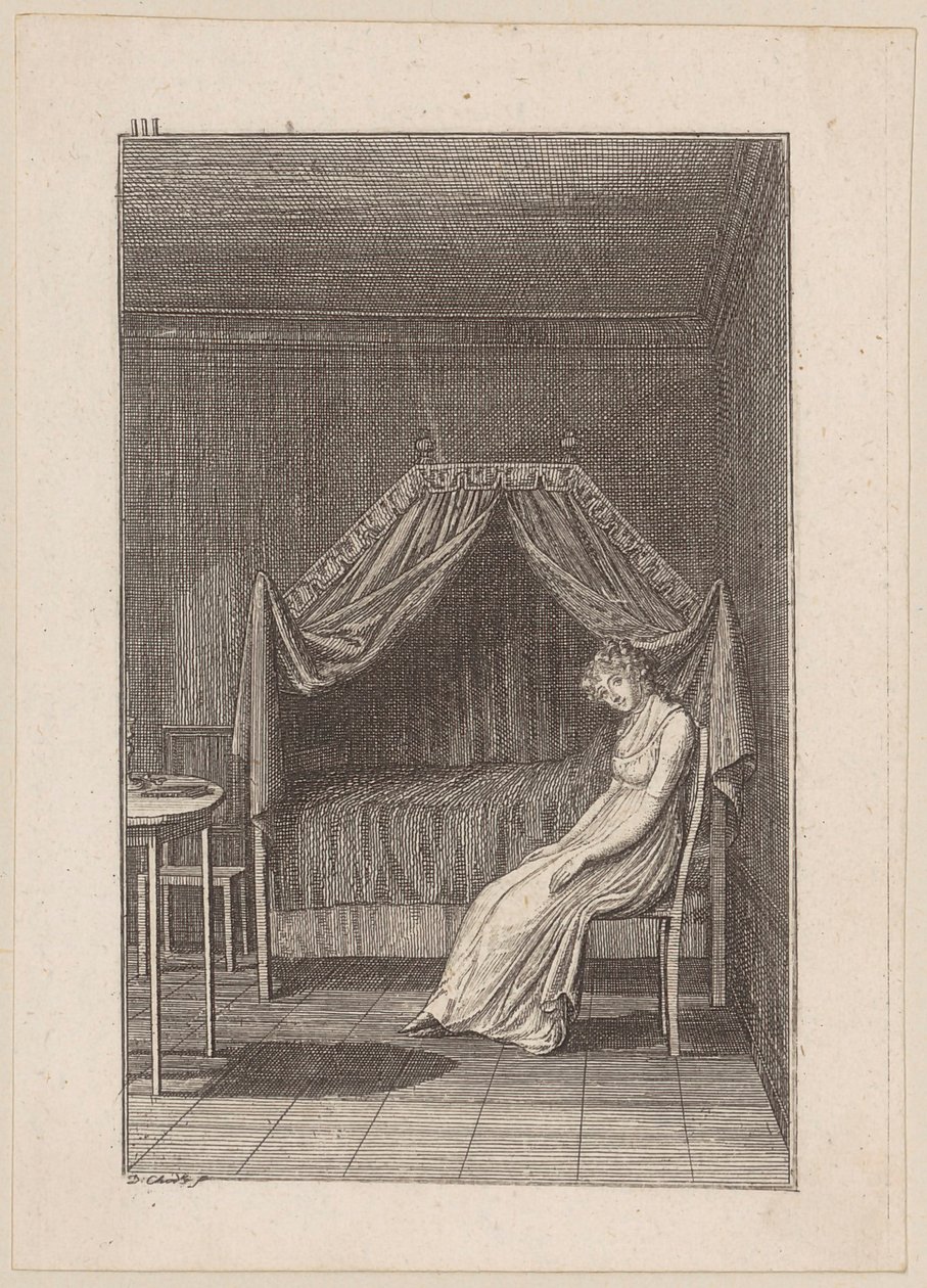 Adolphine reflects on the forthcoming engagement, plate 3 for the story “The Betrothal Gift” by Daniel Nikolaus Chodowiecki