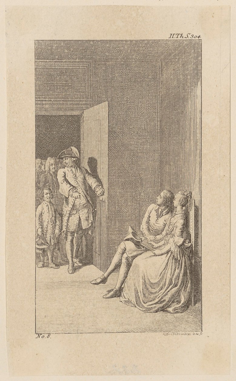 Bunkel is Surprised by Irish Noblemen During a Conversation with Miss Spence, Plate 13 from "Life Remarks and Opinions of Johann Bunkel" by Daniel Nikolaus Chodowiecki