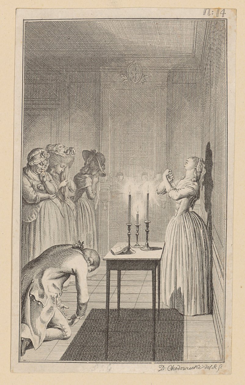 Clarisse Threatens to Stab Herself with a Knife to Protect Her Honor from Lovelace by Daniel Nikolaus Chodowiecki