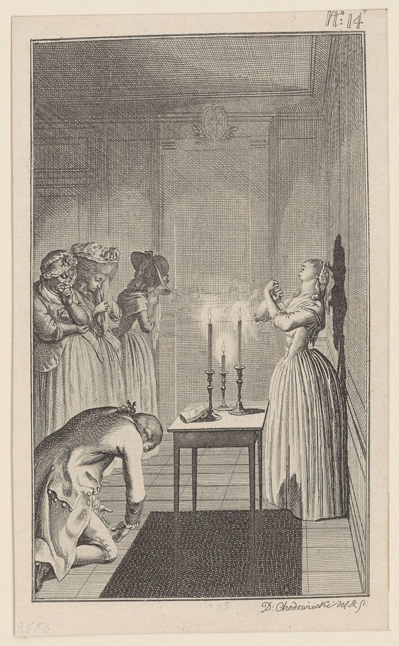 Clarisse Threatens to Stab Herself with a Knife to Protect Her Honor from Lovelace by Daniel Nikolaus Chodowiecki