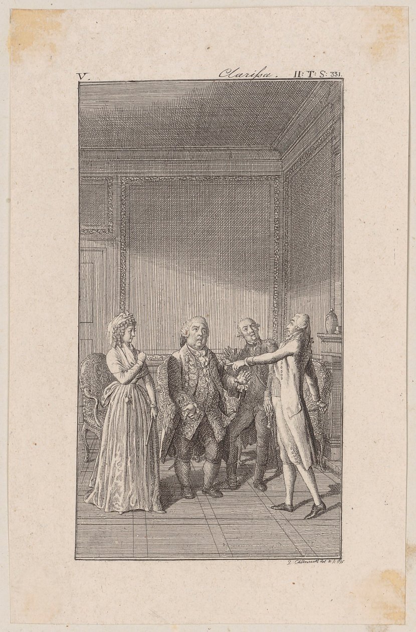 Clarisse, her Uncle Anton, her Brother Jacob and Solmes in a Conversation by Daniel Nikolaus Chodowiecki