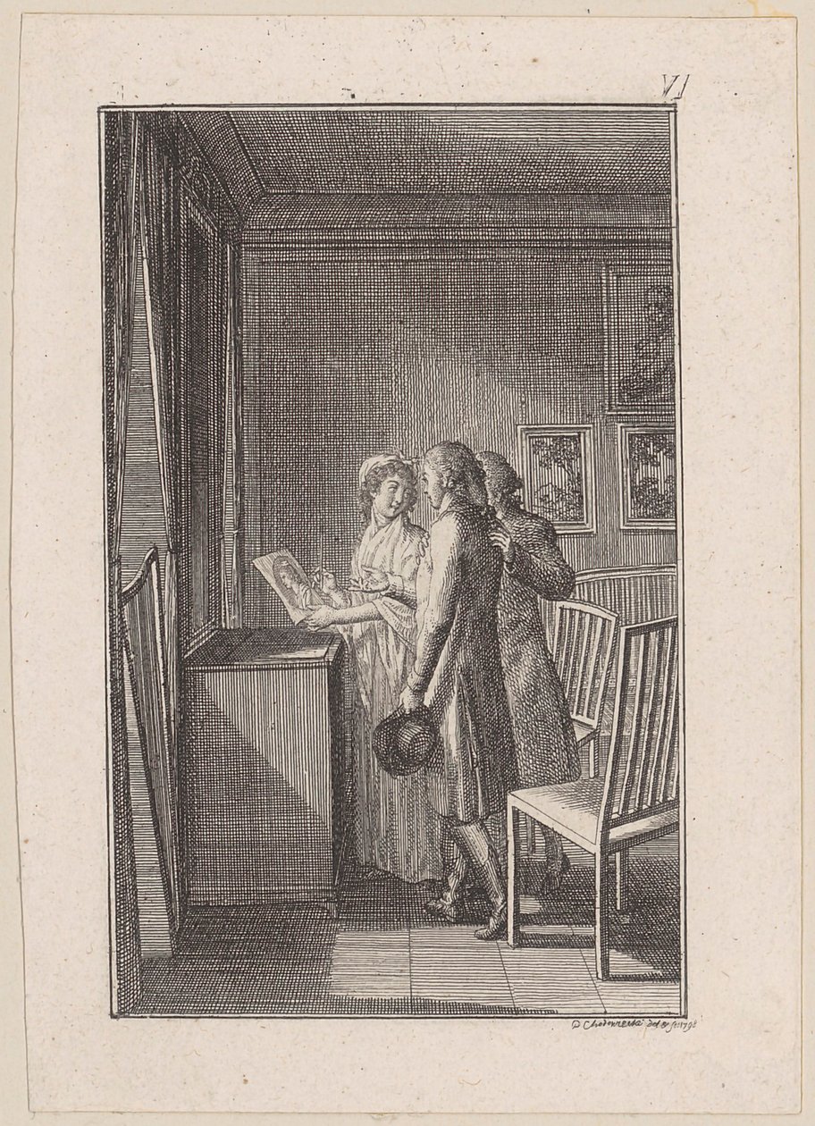 Lady Gifts Her Travel Companion with Her Self-Drawn Portrait at Farewell by Daniel Nikolaus Chodowiecki