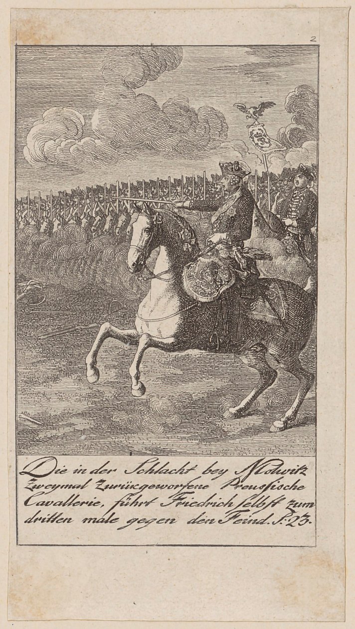 Prussian cavalry, twice repulsed in the Battle of Mollwitz, led by Frederick himself for the third time against the enemy by Daniel Nikolaus Chodowiecki