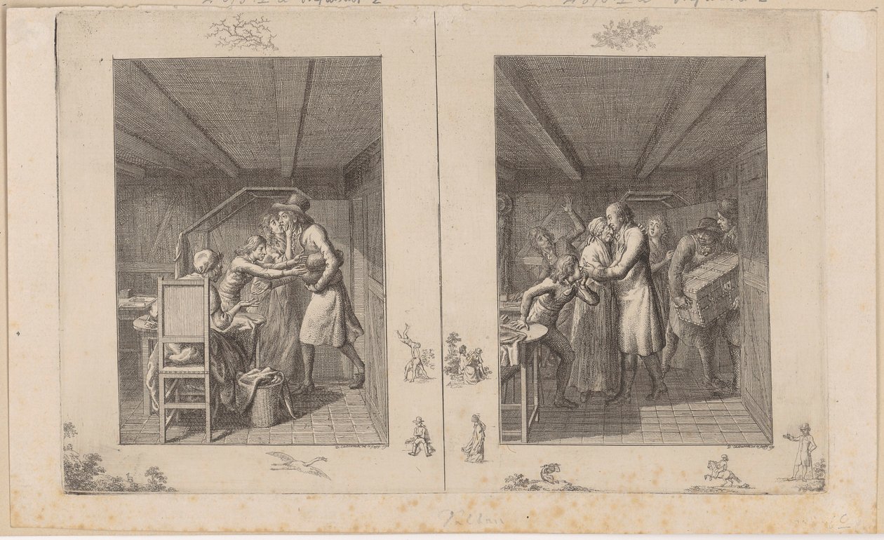 Ludwig barely supports the family through his work [left]; The father returns to his family enriched with treasures [right] by Daniel Nikolaus Chodowiecki