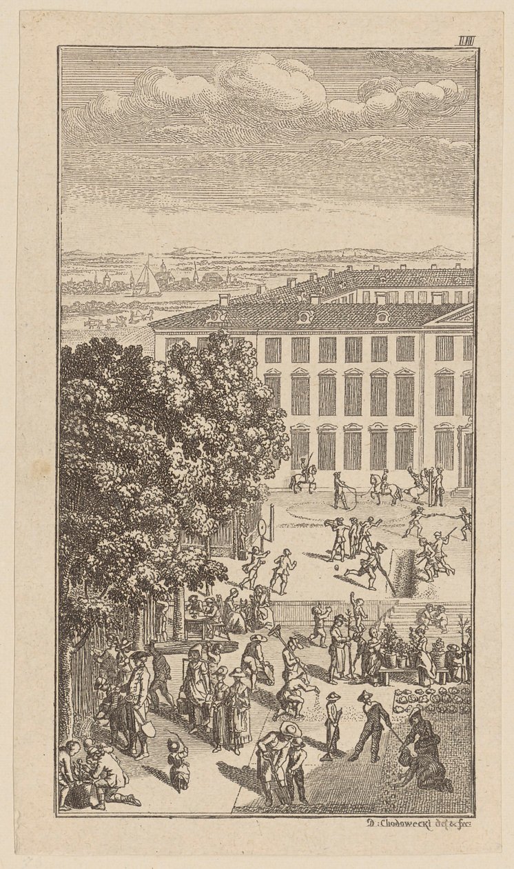 Seminary Building, with Gymnastic Exercises and Gardening Work in Front by Daniel Nikolaus Chodowiecki