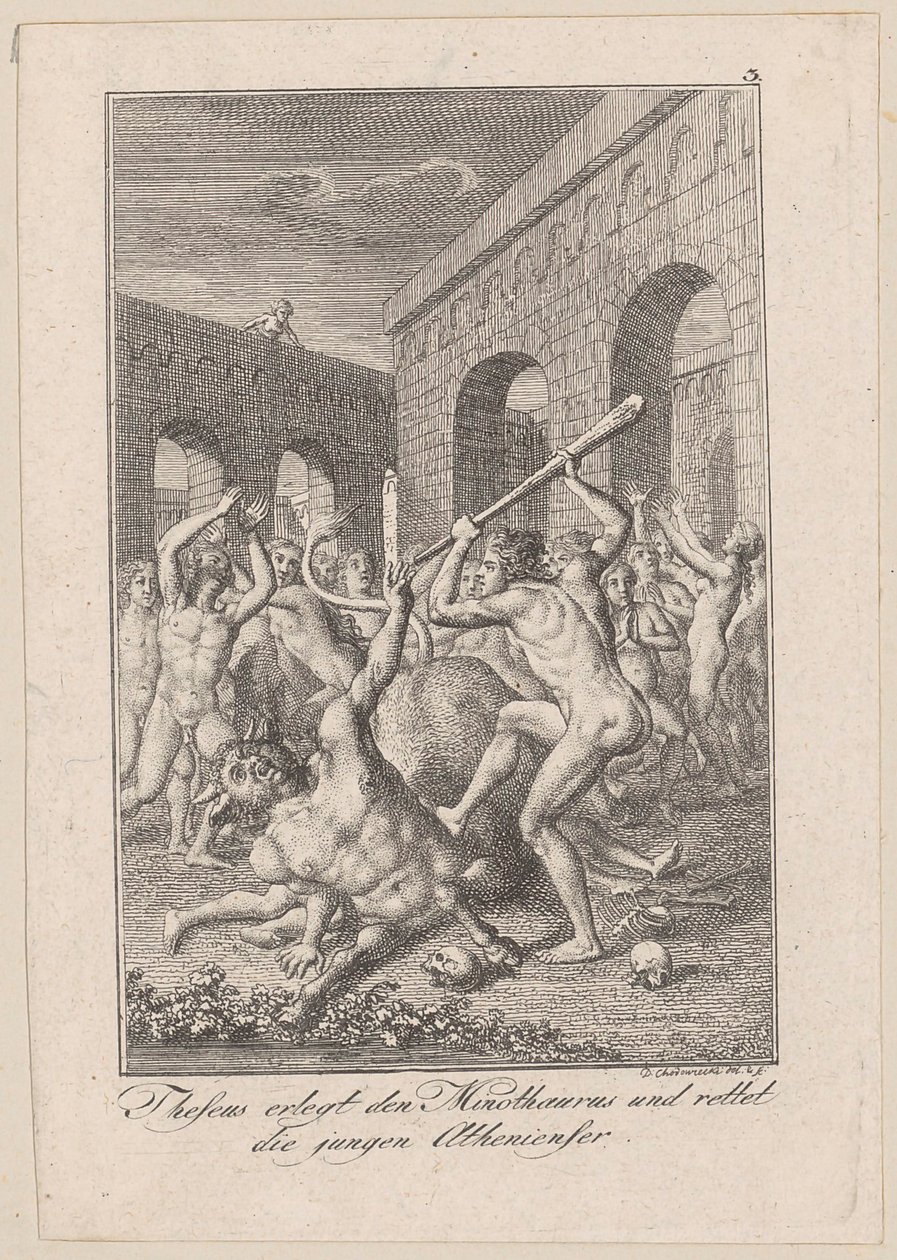 Theseus slays the Minotaur and saves the young Athenians, plate 3 for Becker