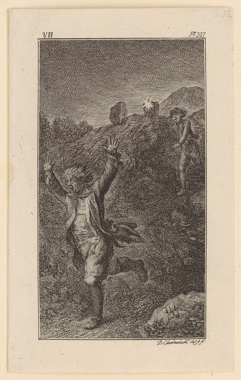 Vogt Wants to Move a Boundary Stone, is Surprised by the Chicken Carrier and Believes He is the Devil by Daniel Nikolaus Chodowiecki