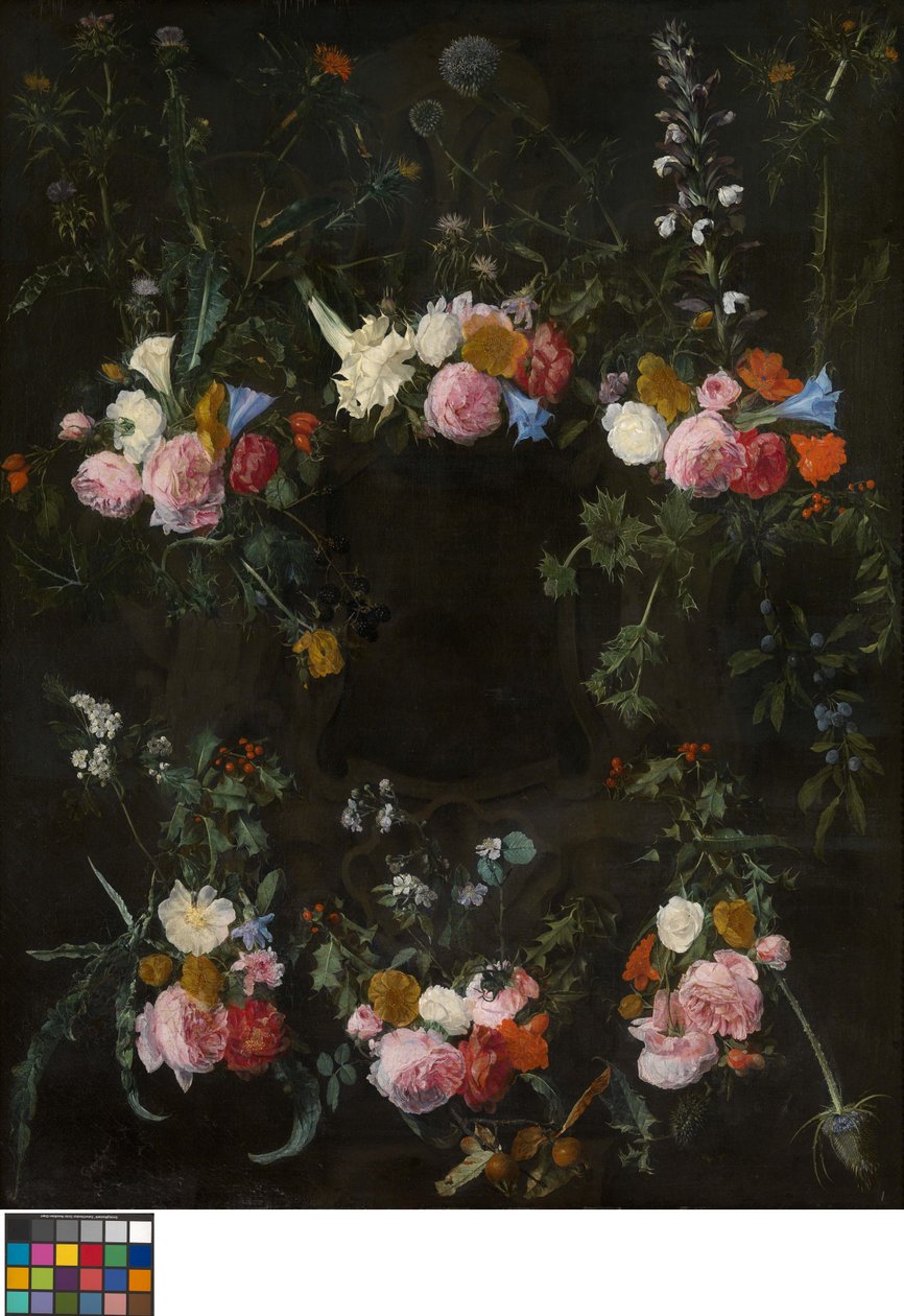 Sculpted cartouche adorned with flower garlands by Daniel Seghers