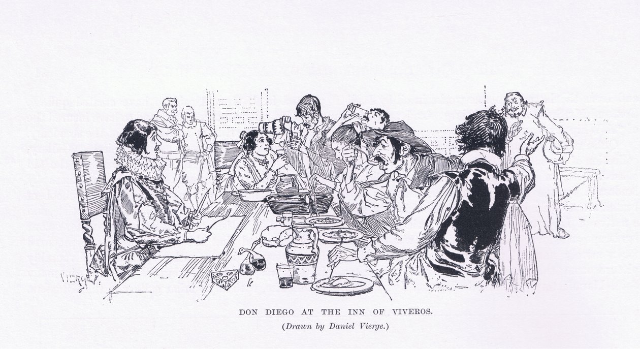 Don Diego at the Inn of Viveros, from The Magazine of Art 1893, Cassell and Company by Daniel Urrabieta Vierge