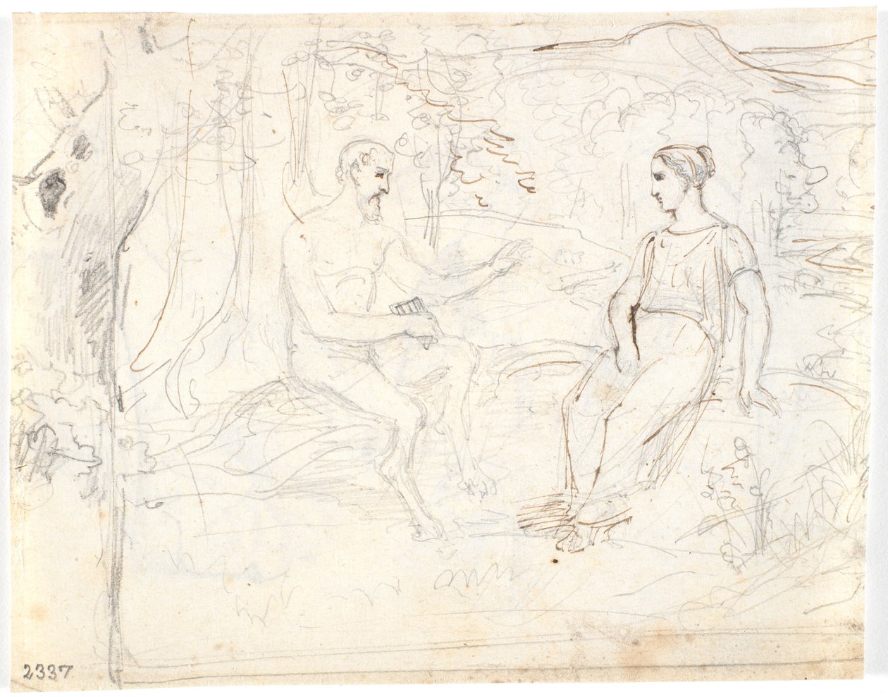 A Satyr with a Flute and a Young Girl, Sitting in a Forest by Dankvart Dreyer