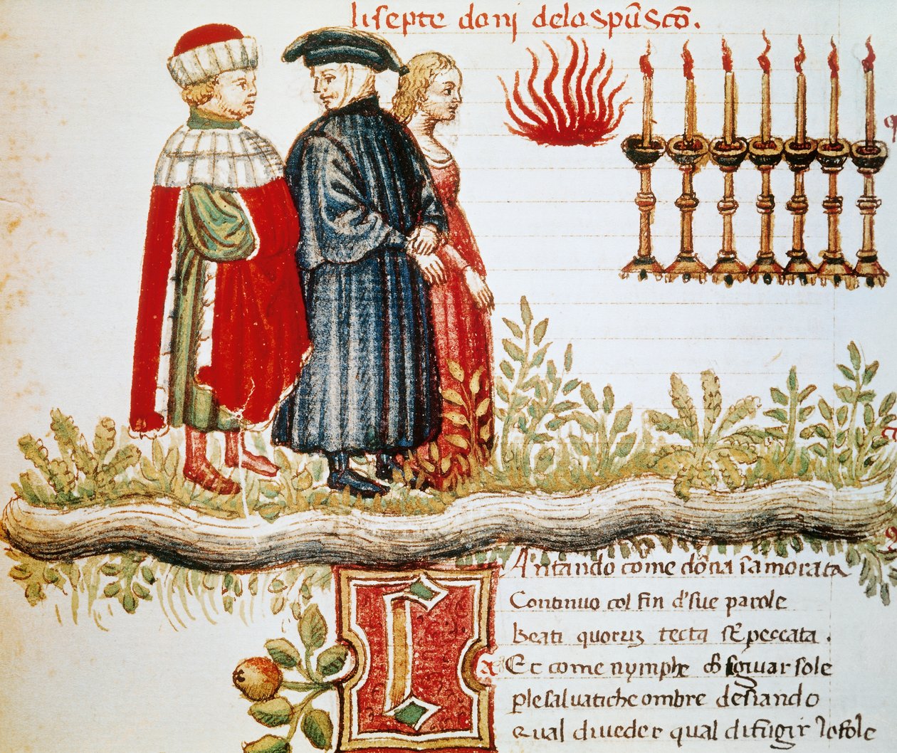 Virgil, Dante and Matelda, Purgatory, Canto XXIX, illuminated page from Divine Comedy by Dante Alighieri