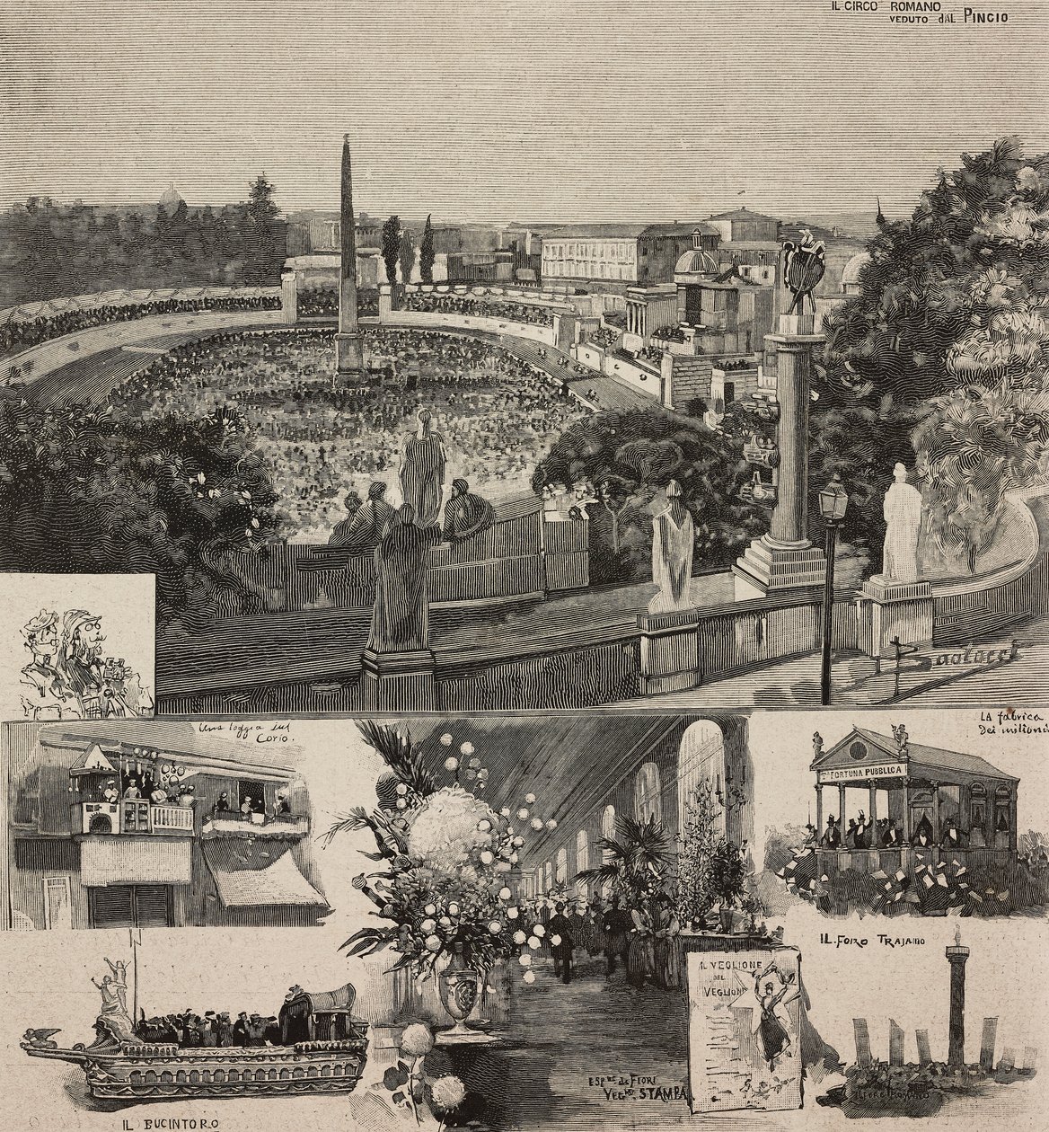 Carnival Festival in Piazza del Popolo seen from Pincio hill, Rome, Italy (engraving) by Dante Paolocci