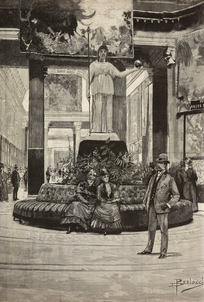 Exposition of fabrics and laces, Rotonda and Fabrics Gallery, Rome, Italy, engraving from drawing by Dante Paolocci by Dante Paolocci