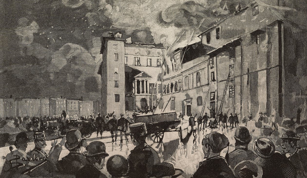 Fire of Israeli Schools of 1893, Rome, Italy, engraving after drawing by Dante Paolocci, from L