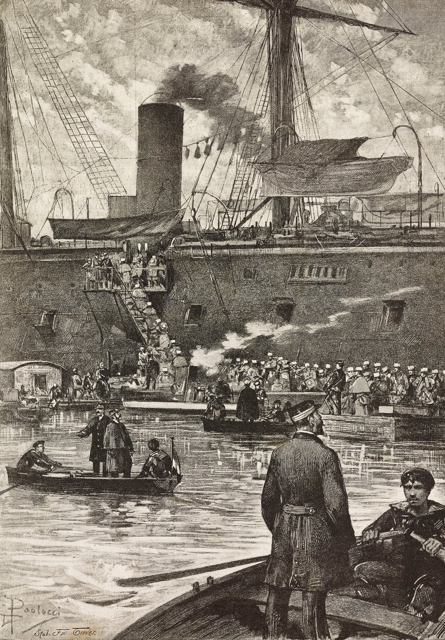 Italian soldiers boarding battleship Principe Amedeo, Naples, Italy by Dante Paolocci