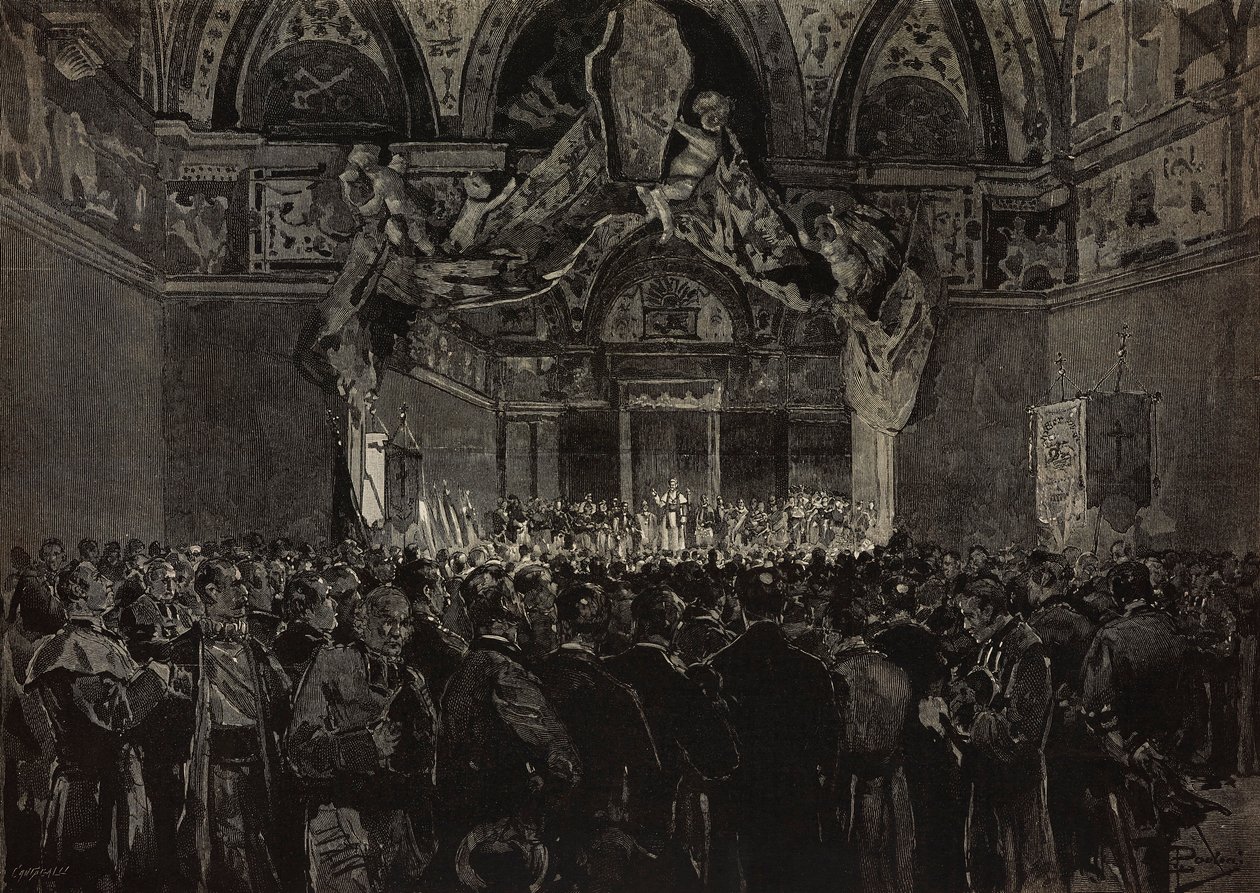 Leo XIII receiving French pilgrims in Ducal Hall, Papal Jubilee, Vatican (engraving) by Dante Paolocci