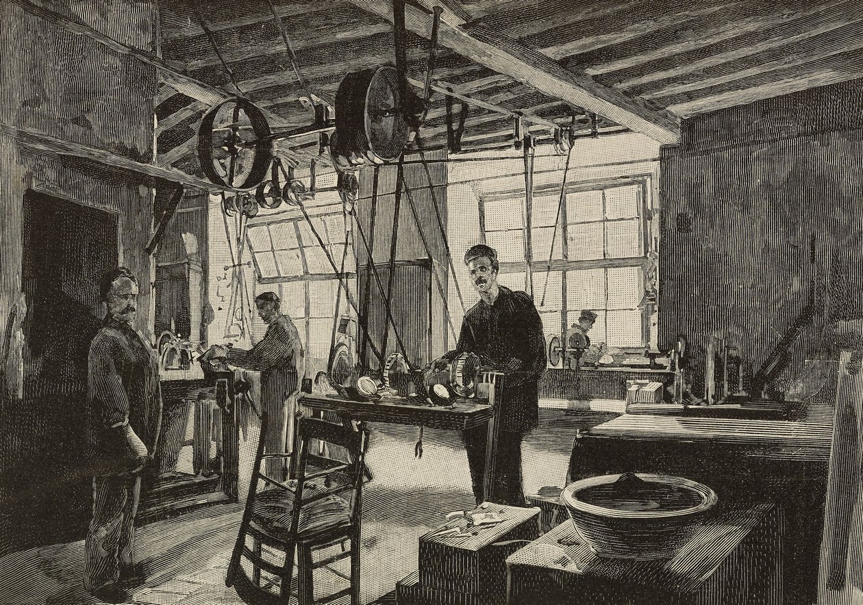 Mechanical workshop in mint of Rome, Italy (engraving) by Dante Paolocci