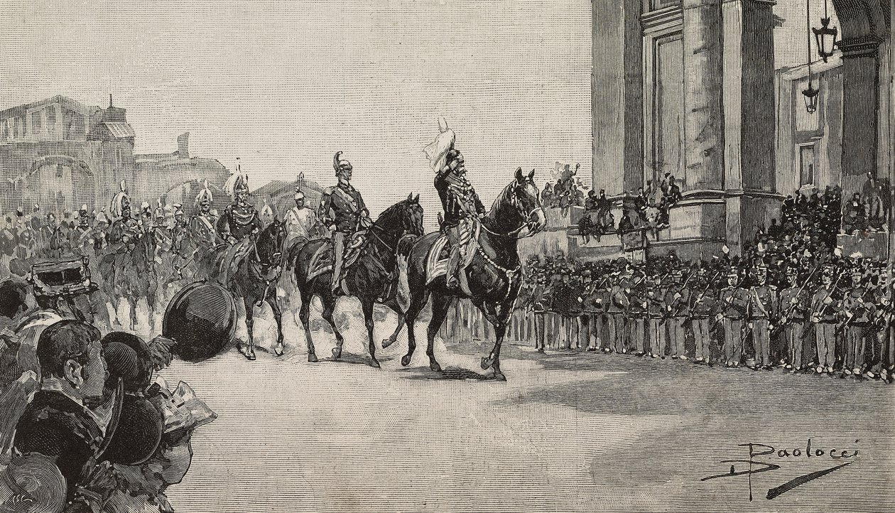 Military Parade at Macau for birthday of King Umberto I by Dante Paolocci