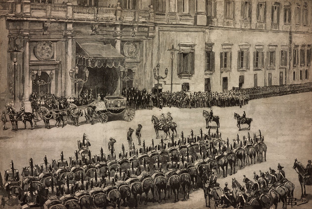 Opening of Parliament, Arrival of King Umberto I to Montecitorio, Rome, Italy, Engraving from Drawing by Dante Paolocci, L