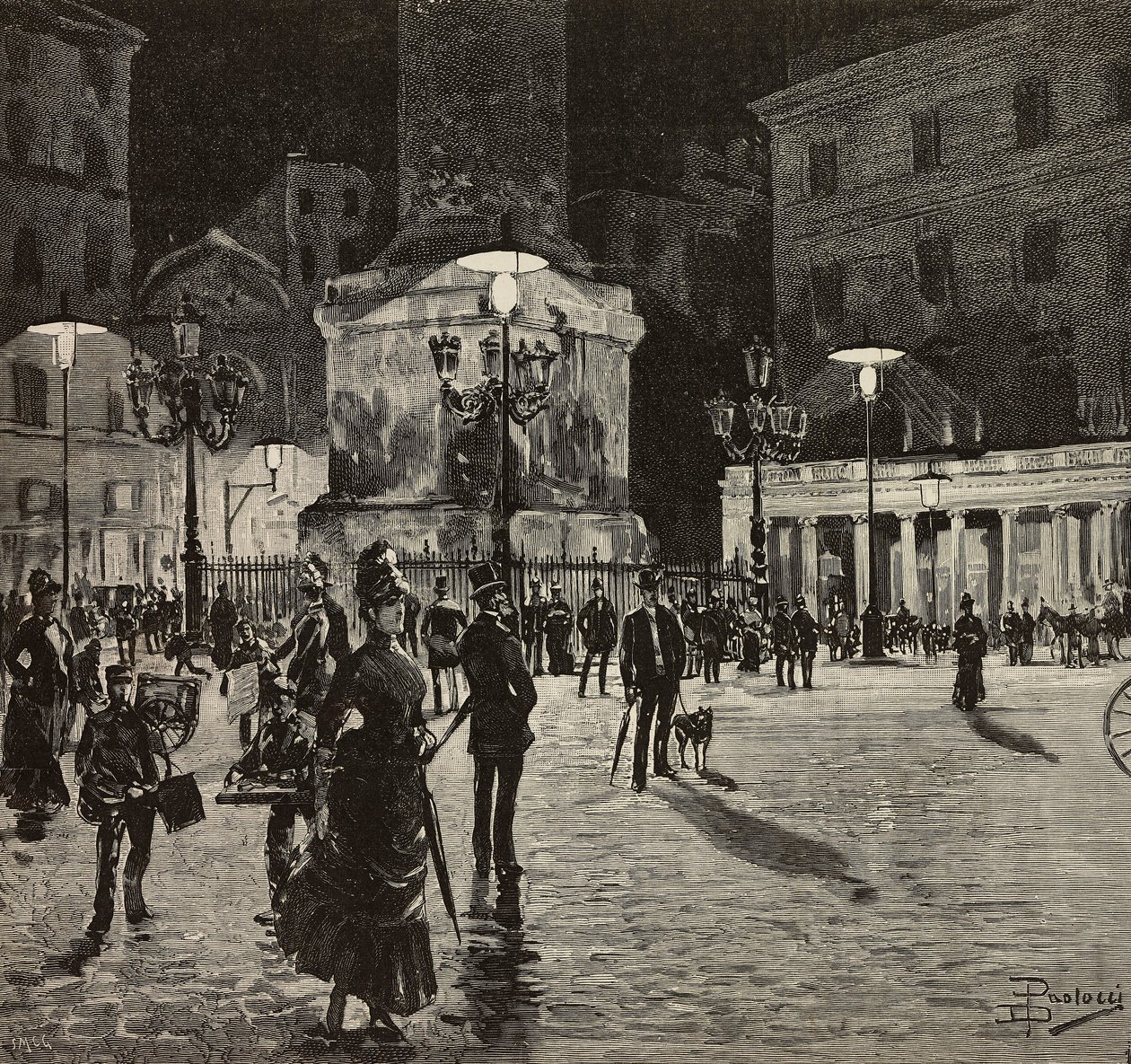Piazza Colonna illuminated with electric light, Rome, Italy, drawing by Dante Paolocci by Dante Paolocci