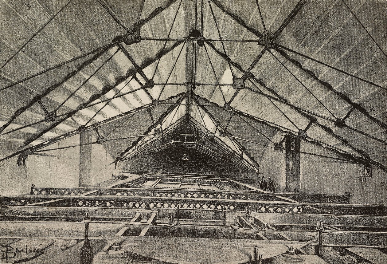 Roof and the Metal Truss Supporting the Ceiling, New Arm of the Archbasilica of St John Lateran, Rome, Italy, Drawing by Dante Paolocci, Engraving from L