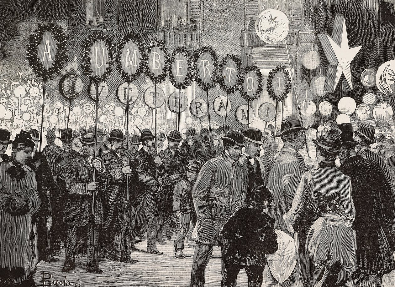 Torchlight in honor of King Umberto I on evening of December 1, Rome, Italy, engraving from drawing by Dante Paolocci by Dante Paolocci