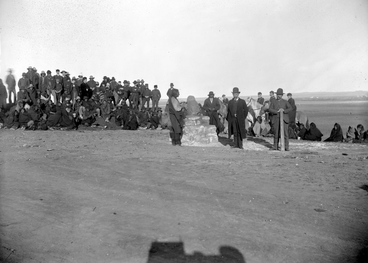 Dedication of Standing Rock, Major McLaughlin and Sitting Bull in foreground by David Frances Barry