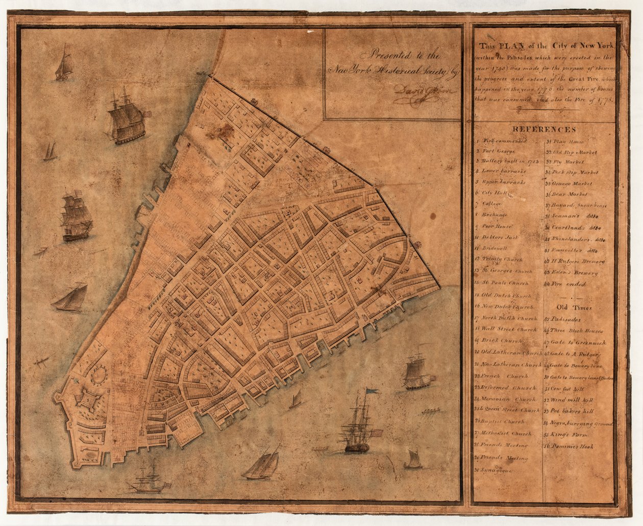 Plan of the City of New York Showing the Progress and Extent of the Great Fire of 1745 by David Grim